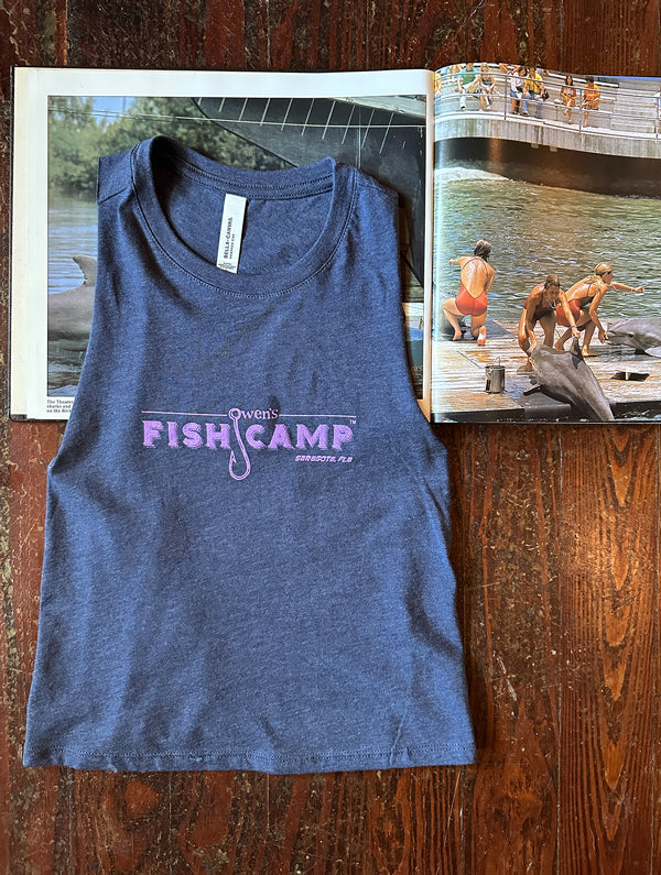 Owen's Fish Camp Racerback Muscle Tank - Navy/Lilac