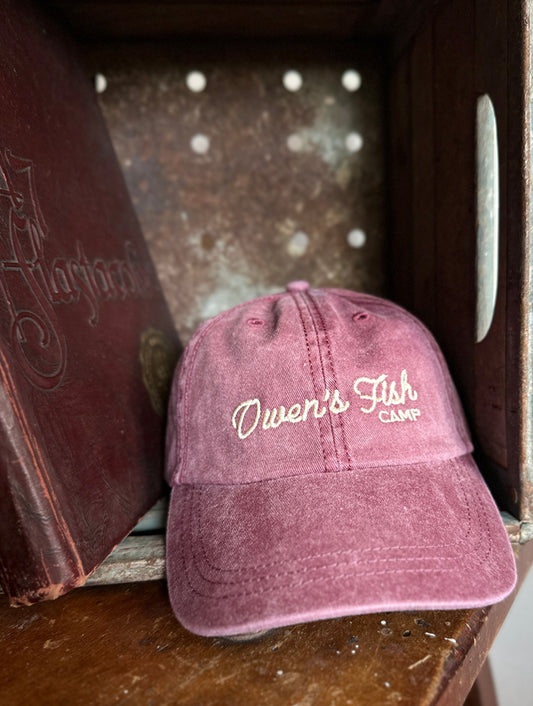 Owen's Fish Camp Script Dad Hat - Faded Maroon